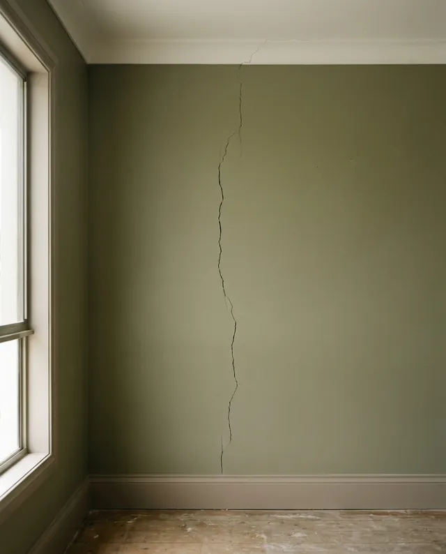 A structural crack running down interior plasterboard in a newly built home