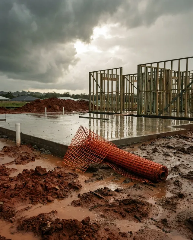 A concrete slab under standing rainwater on a Queensland site after a storm