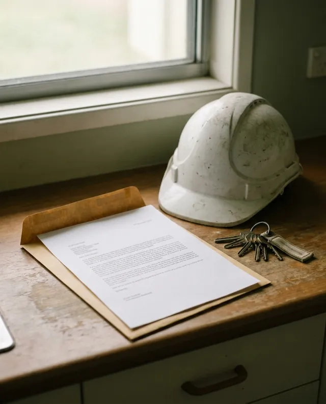 An opened regulatory letter on a kitchen bench beside a dusty hard hat and keys