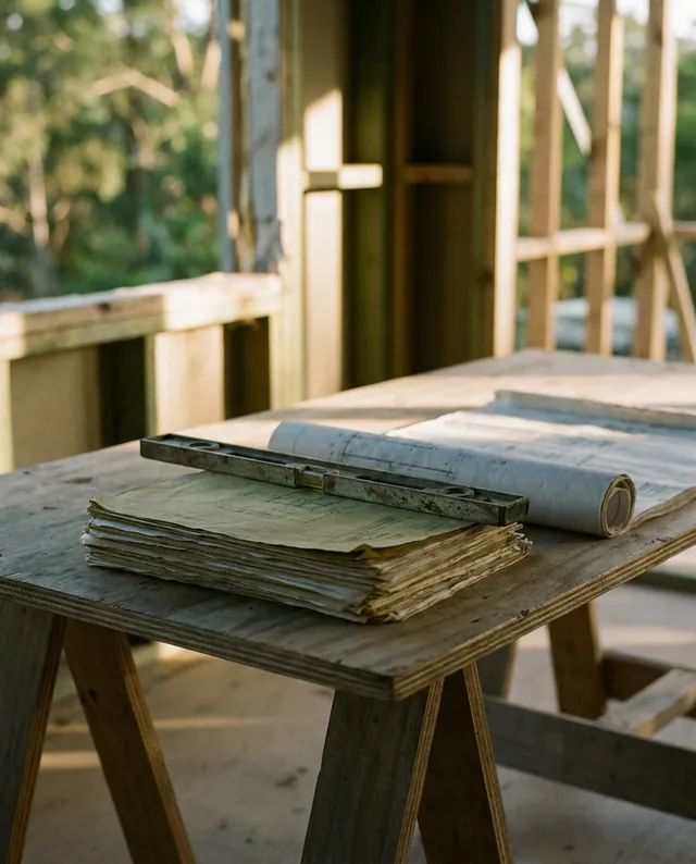 Unpaid progress claim paperwork and rolled plans on a trestle table inside an unfinished house