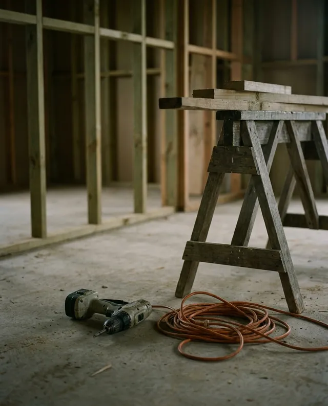 A subcontractor's drill and extension lead left behind on a bare concrete floor
