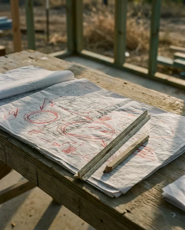 Building plans on a site bench, heavily annotated in red pencil