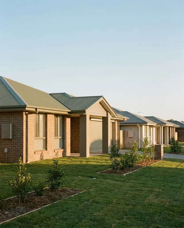 A newly completed brick and Colorbond home on a Queensland suburban street