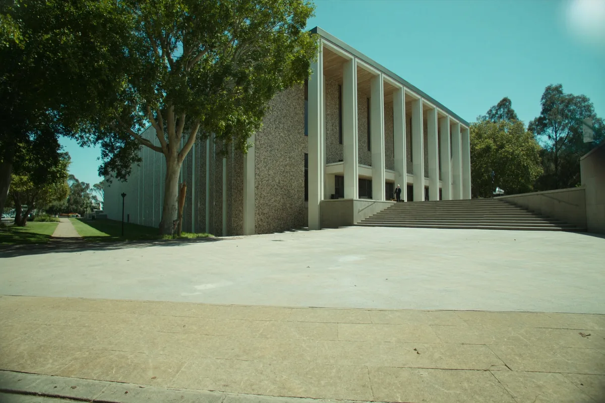 The columned entrance of an Australian courthouse
