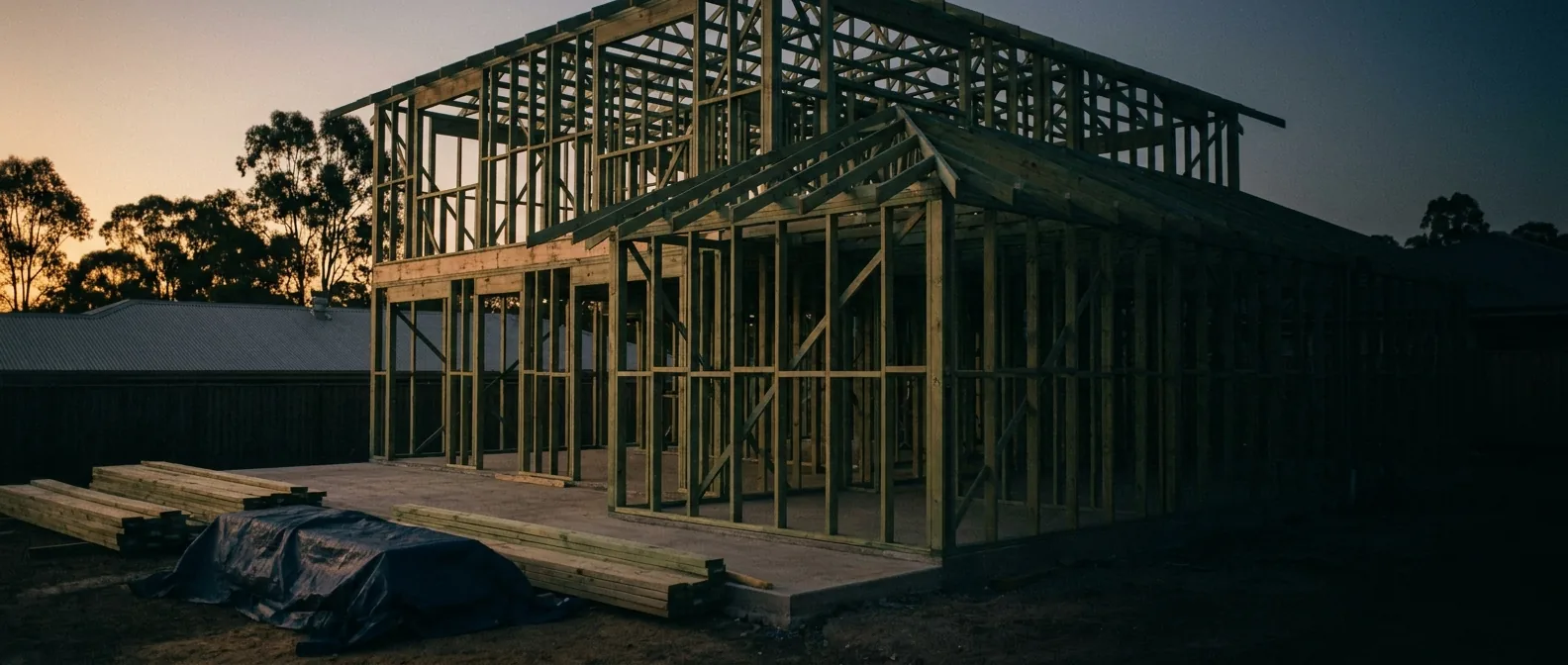 A half-built timber-framed house standing empty at dusk on a Queensland site