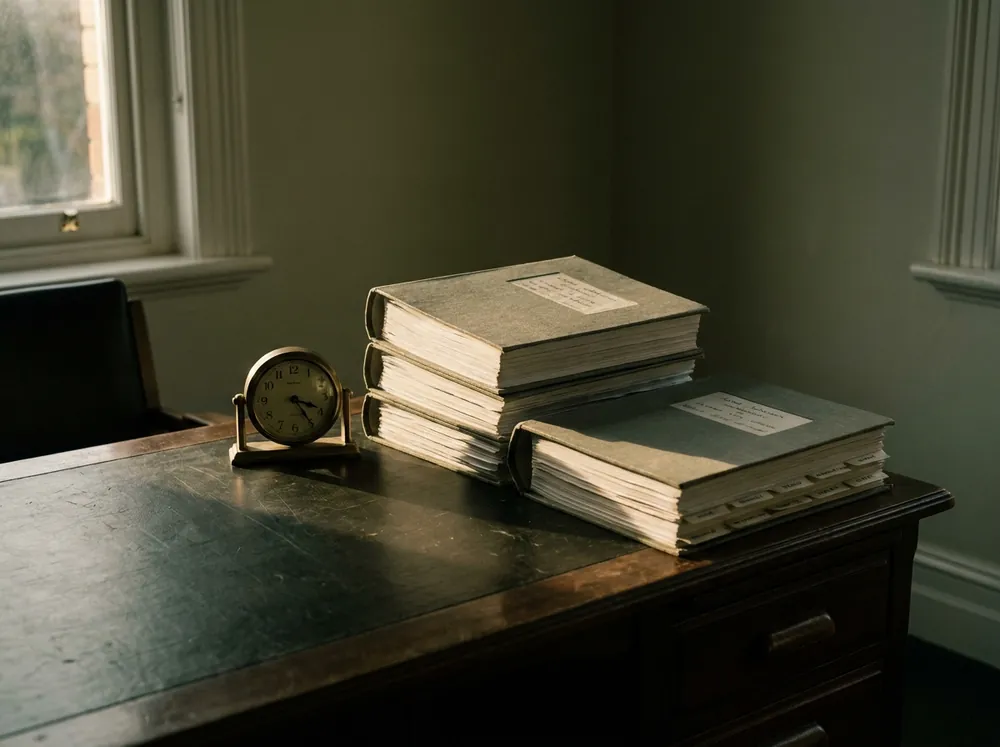 Bound submission documents squared up beside a brass desk clock