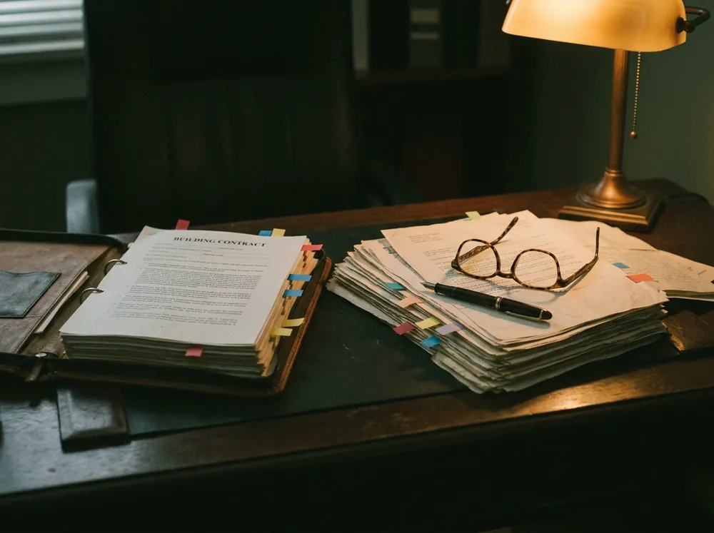 A building contract and tabbed project correspondence open under a desk lamp