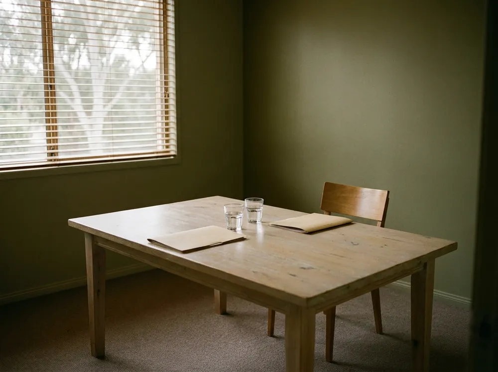 An empty meeting room set for two parties, folders facing each other