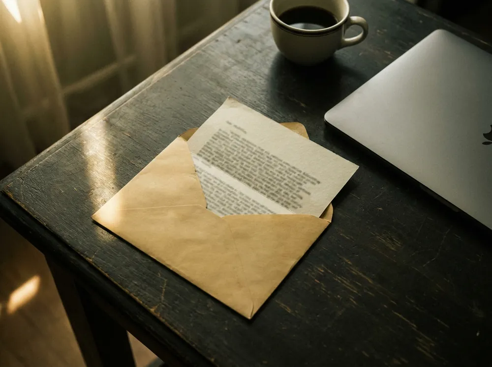 A formal letter half-drawn from an envelope on a desk in morning light