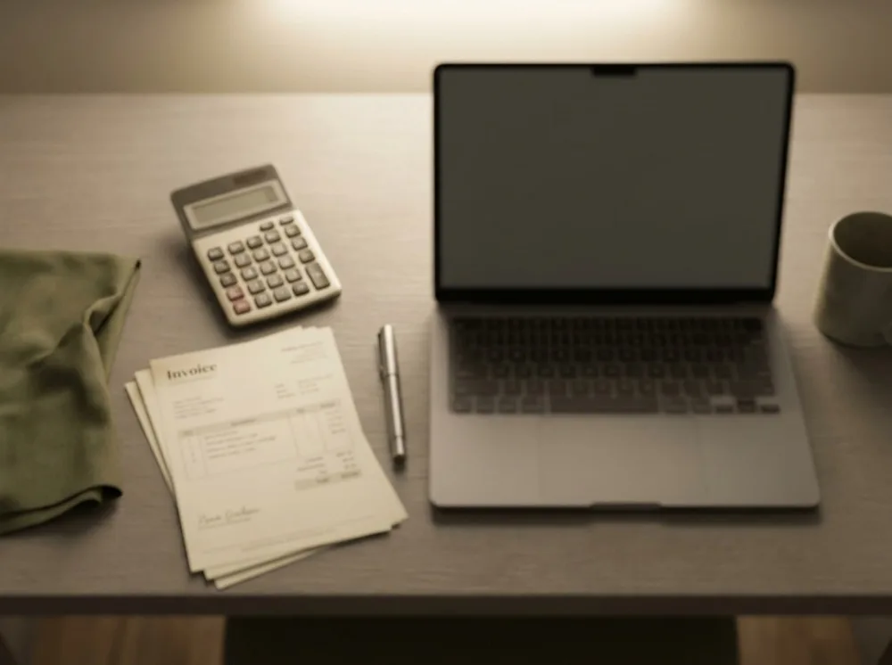 A calculator, invoices and a pen beside a closed laptop
