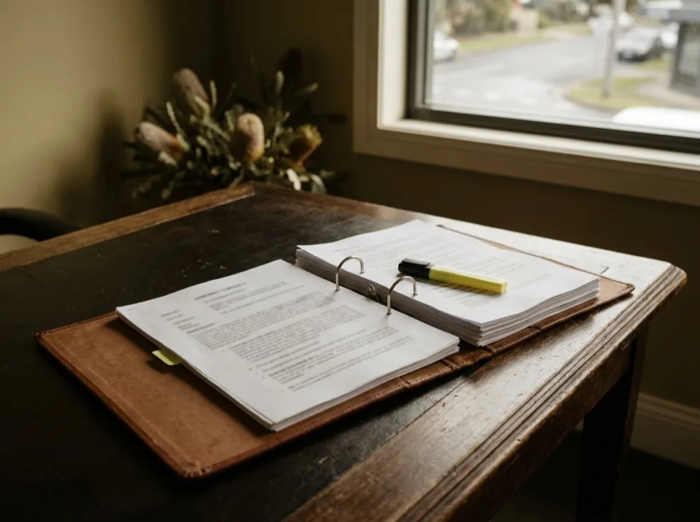 An open binder of contract documents on a dark timber table