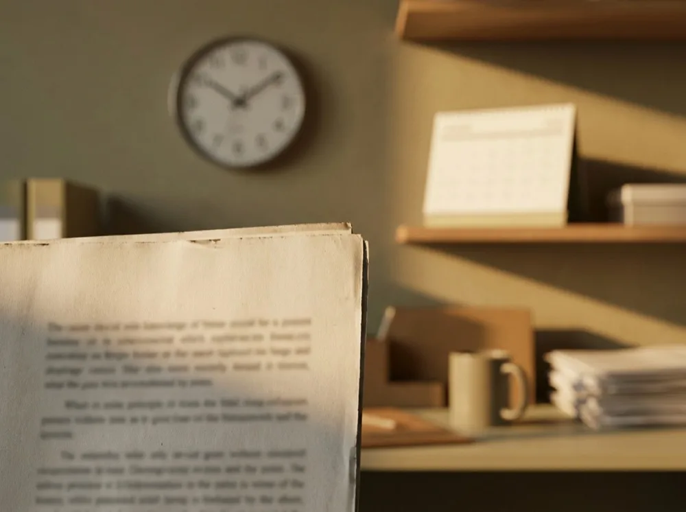 A wall clock and desk calendar out of focus behind a document edge