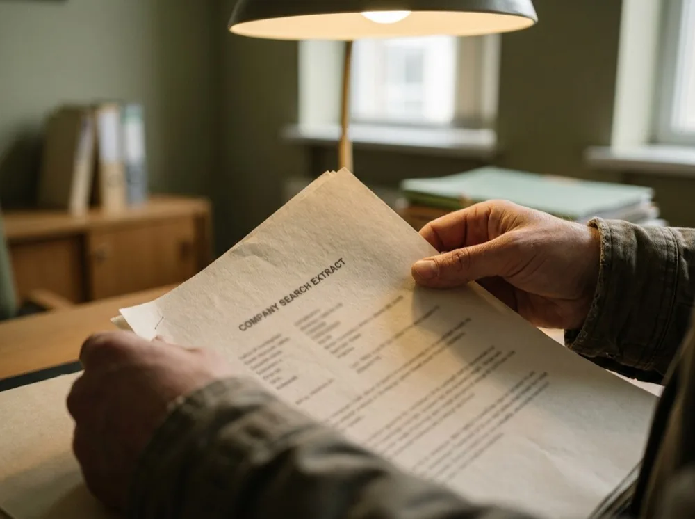 Turning the pages of a company search extract under a desk lamp