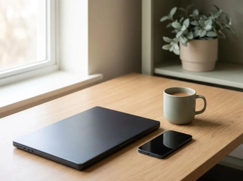 A laptop and phone on a clean desk in soft morning light