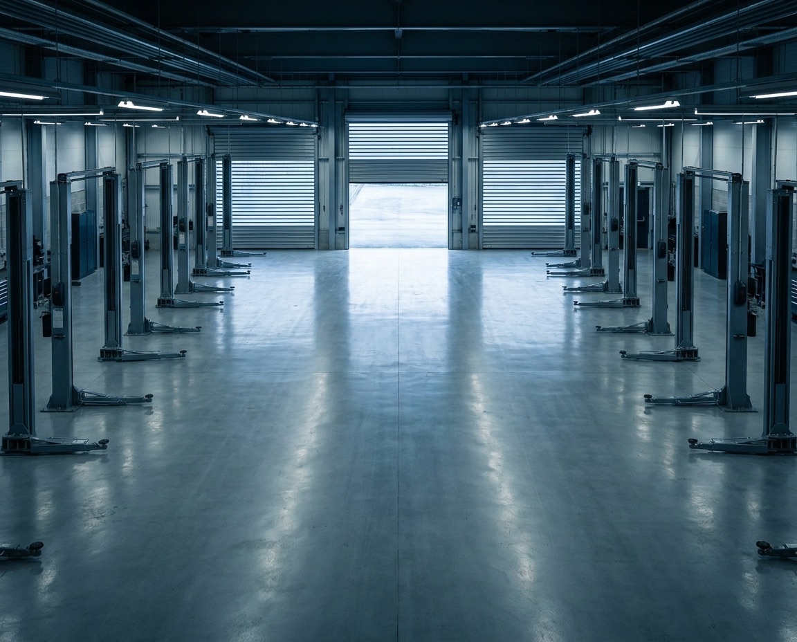 Row of empty workshop bays receding toward open roller doors
