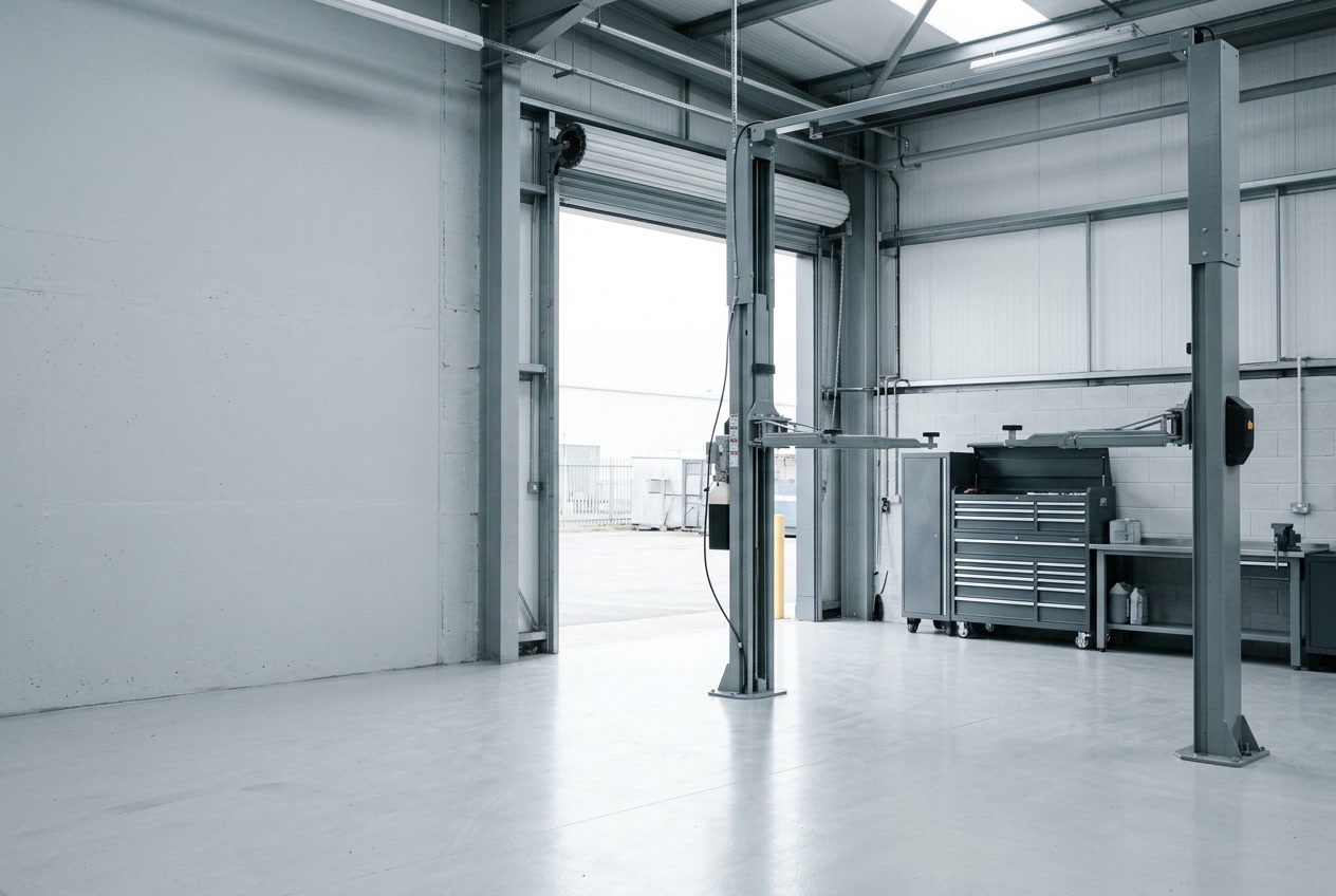 Empty automotive workshop bay with a raised two-post vehicle lift