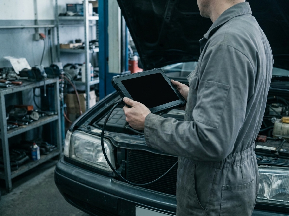 Technician holding a diagnostic tablet beside an open engine bay
