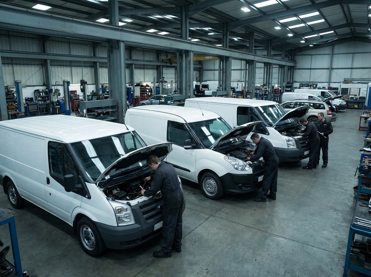 Row of plain white commercial vans with bonnets open inside a workshop