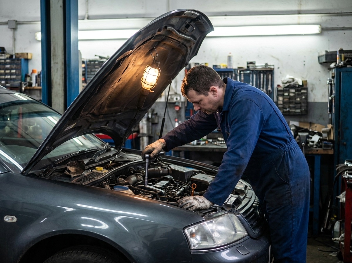 Mechanic working under the open hood of a car in a workshop bay