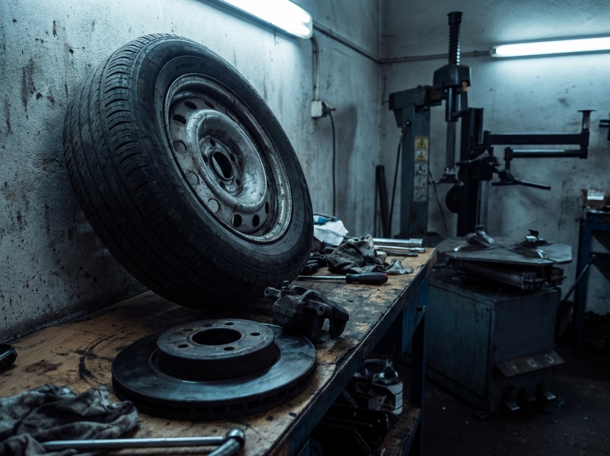 Wheel and brake disc removed and resting beside a workshop bench