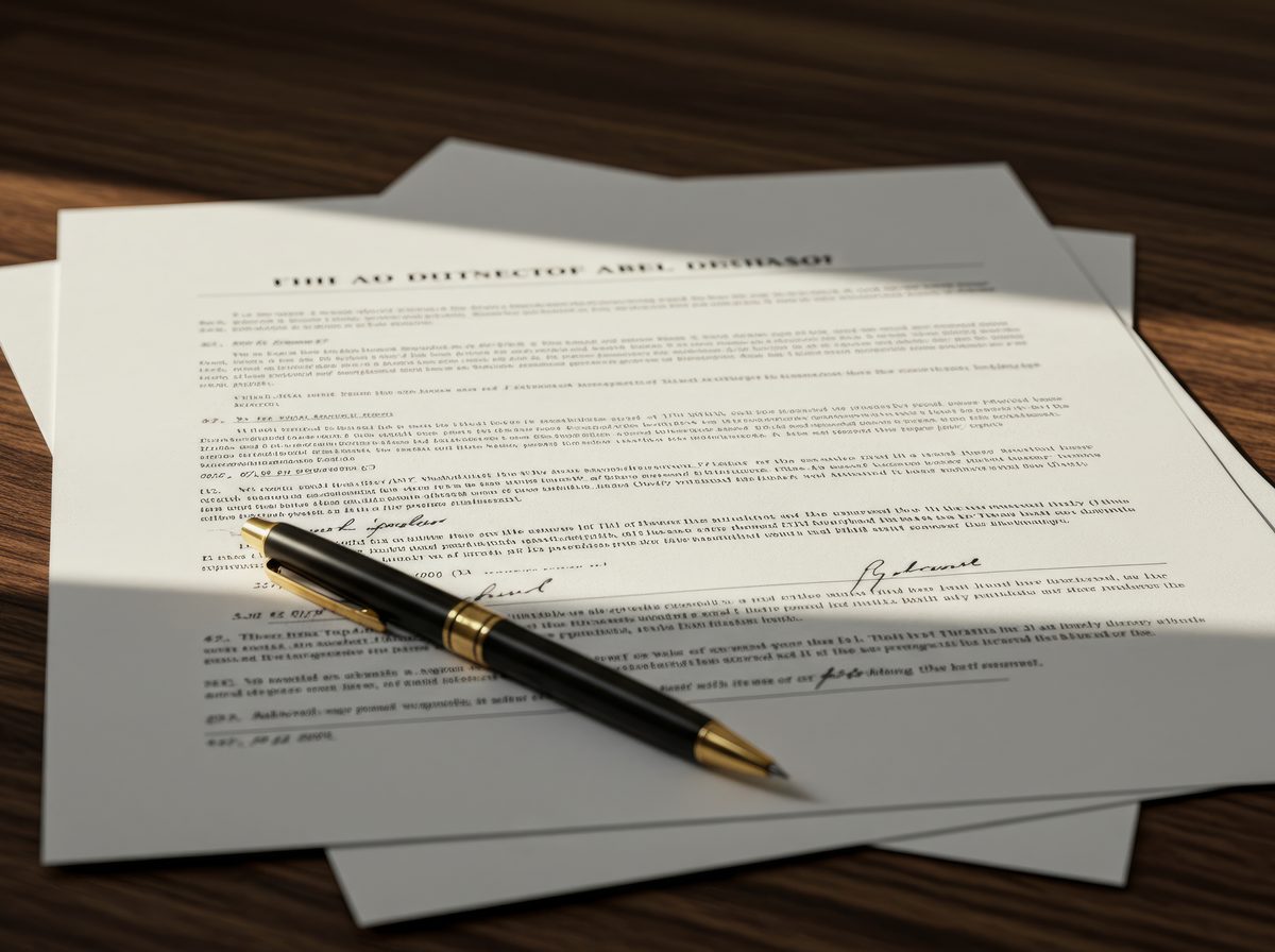 Printed contract pages and a pen resting on a dark wooden desk