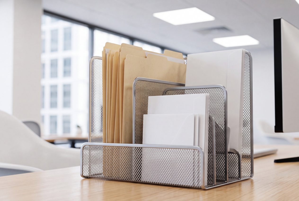 Mesh document tray holding folders and envelopes on a desk in a bright office