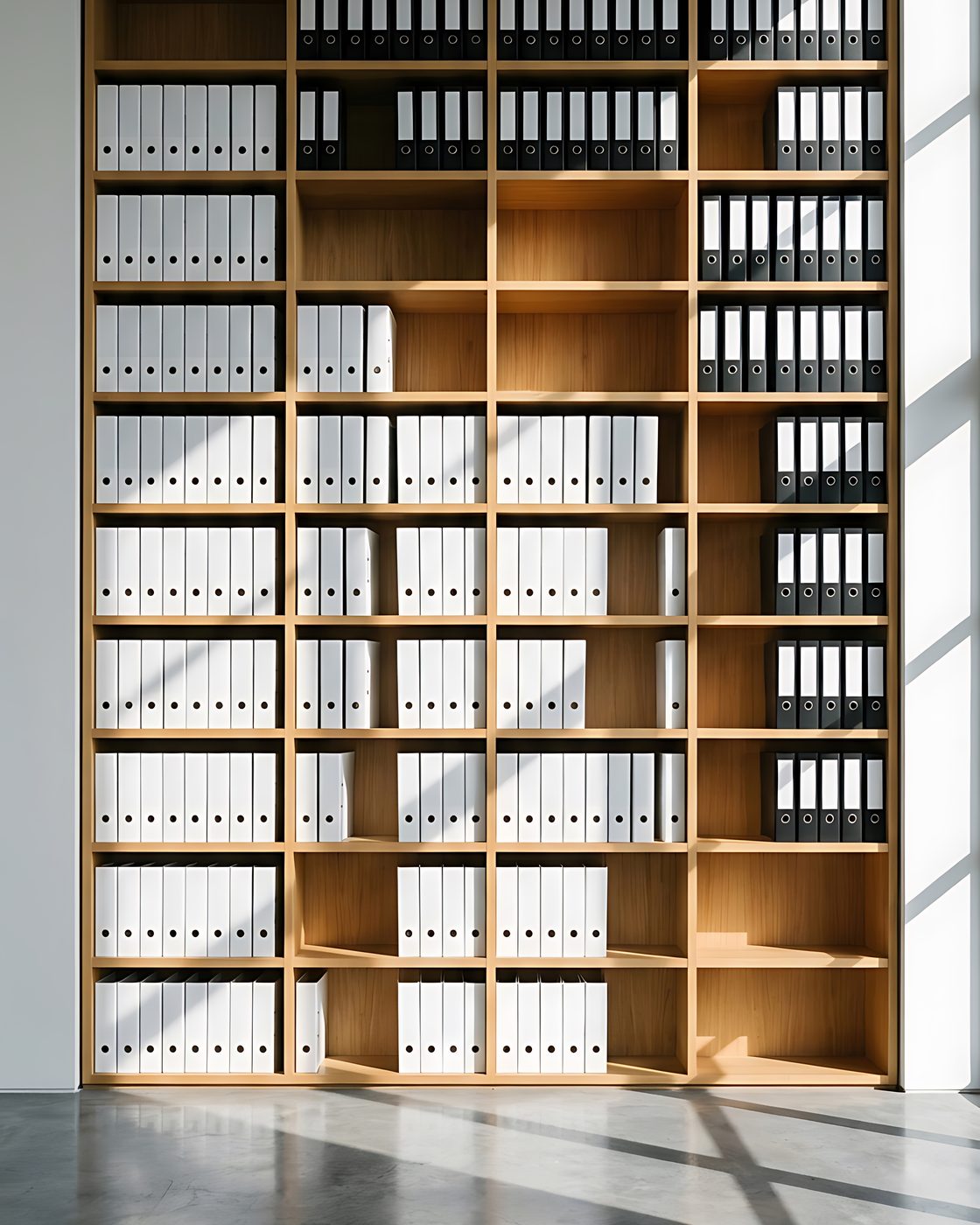 Wall of white lever arch binders on wooden shelving in an office records room