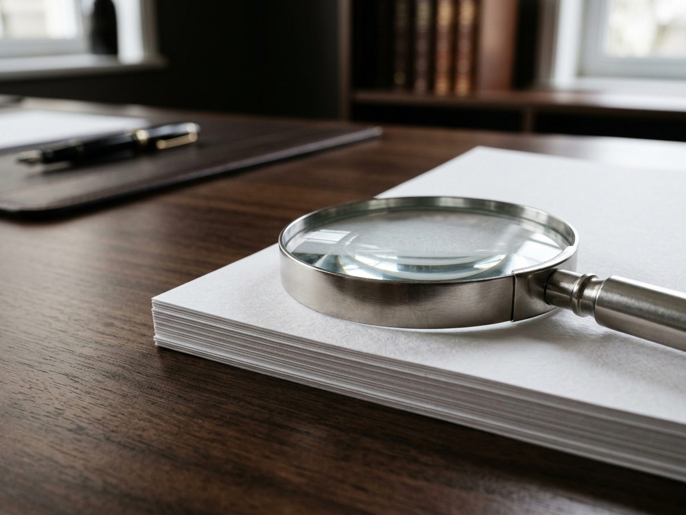 Magnifying glass resting on a stack of printed documents on a dark desk