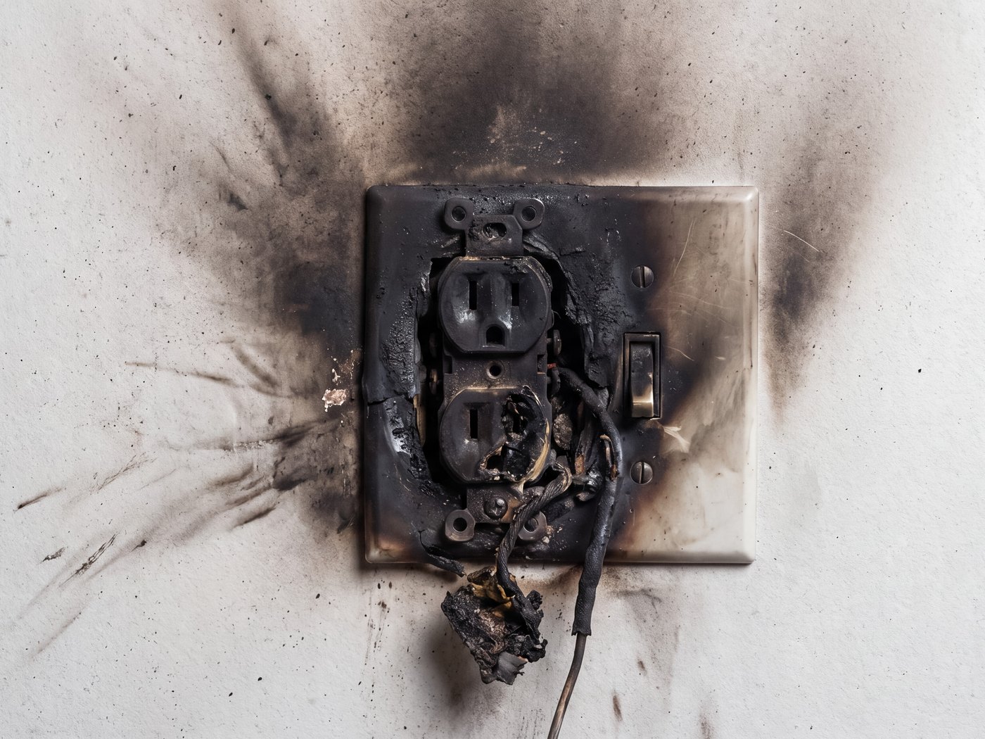 Burnt-out duplex receptacle with soot fanning up the wall around it