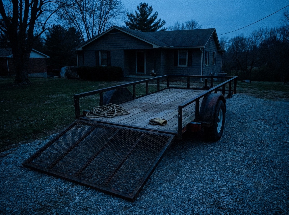 Empty landscaping trailer with its ramp down on a driveway at dusk