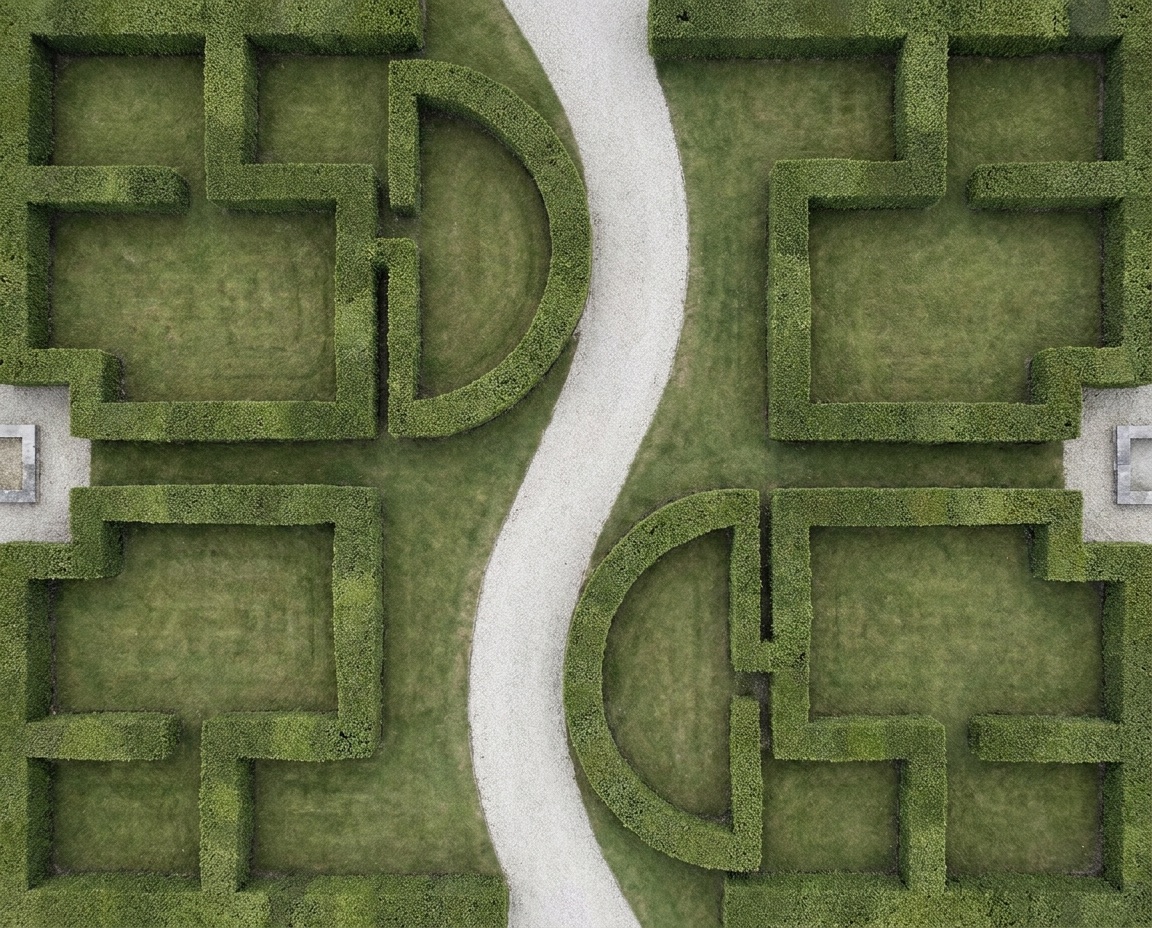 Aerial view of a manicured commercial landscape with clipped hedge lines