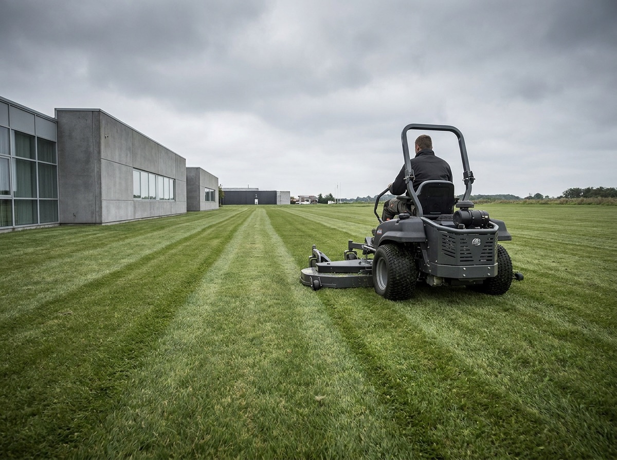 Zero-turn ride-on mower working a commercial grounds lawn beside an office building