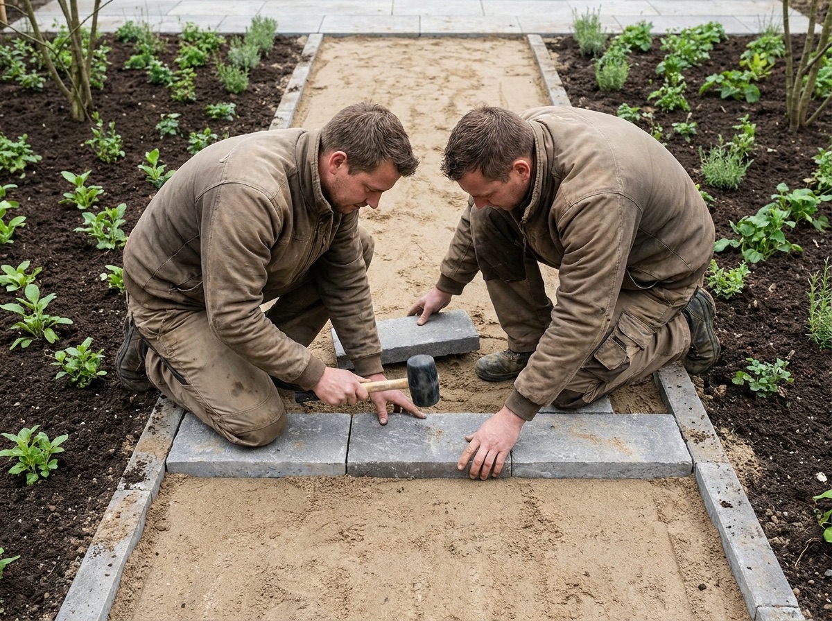 Landscapers laying stone pavers onto a sand bed for a garden path