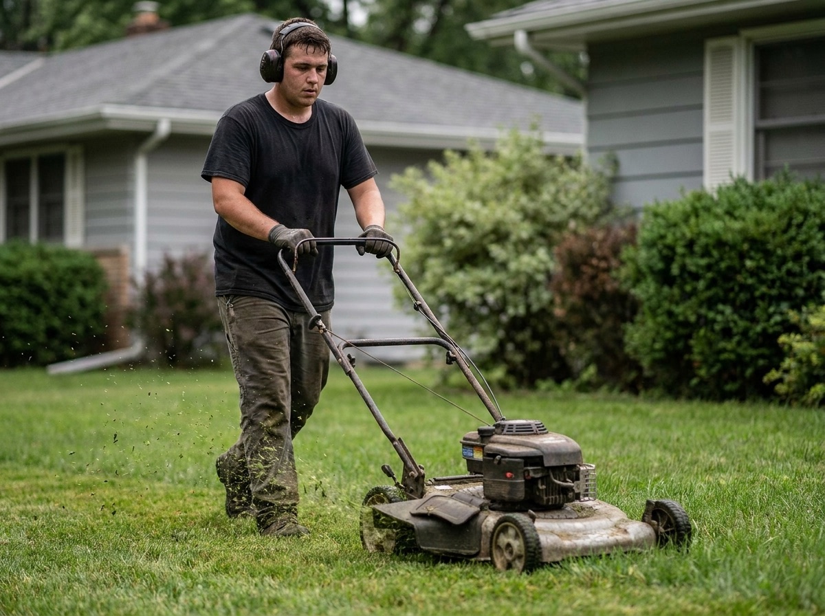Groundworker pushing a walk-behind mower across a residential front lawn