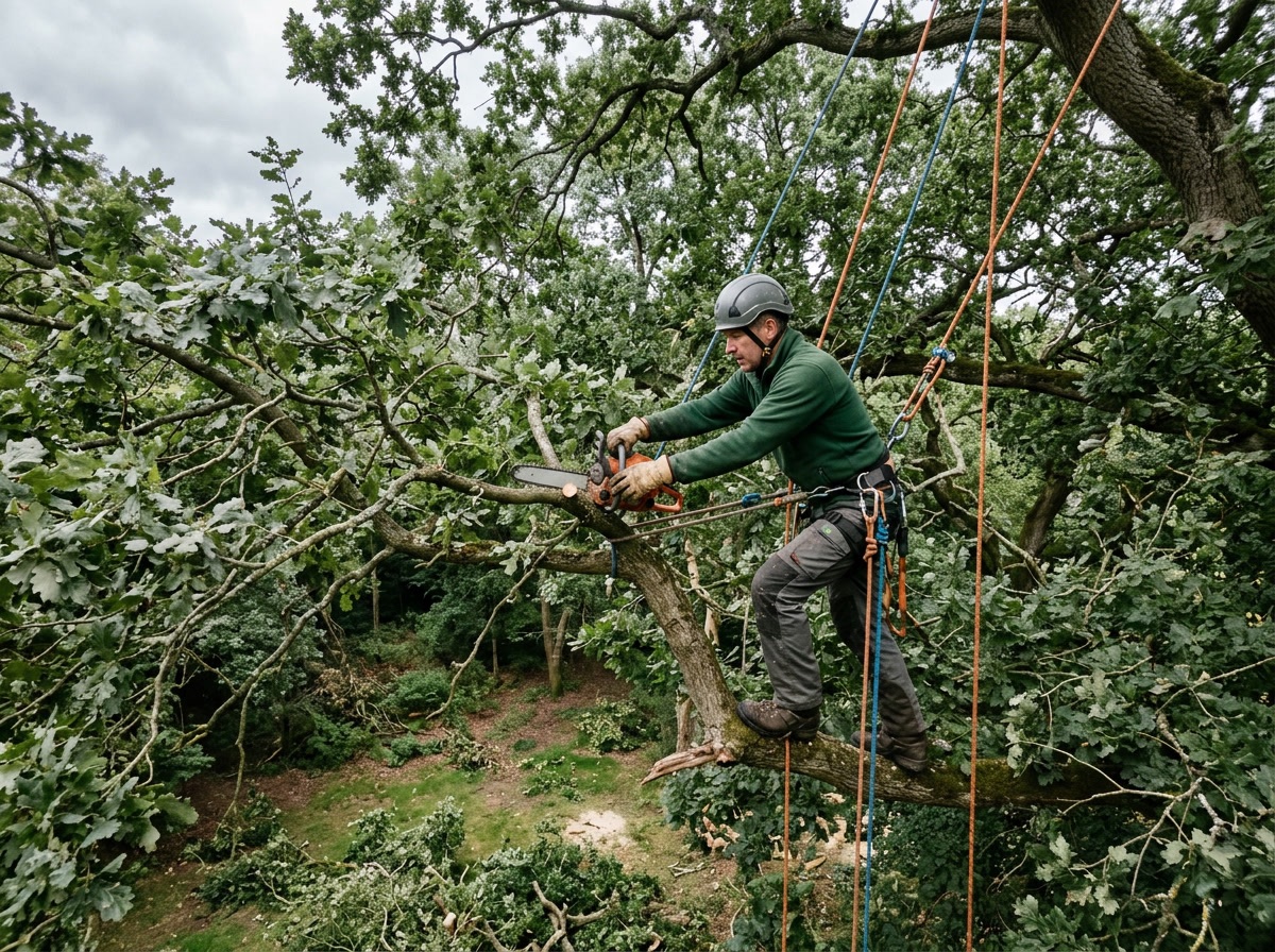 Arborist roped into a tree canopy holding a chainsaw