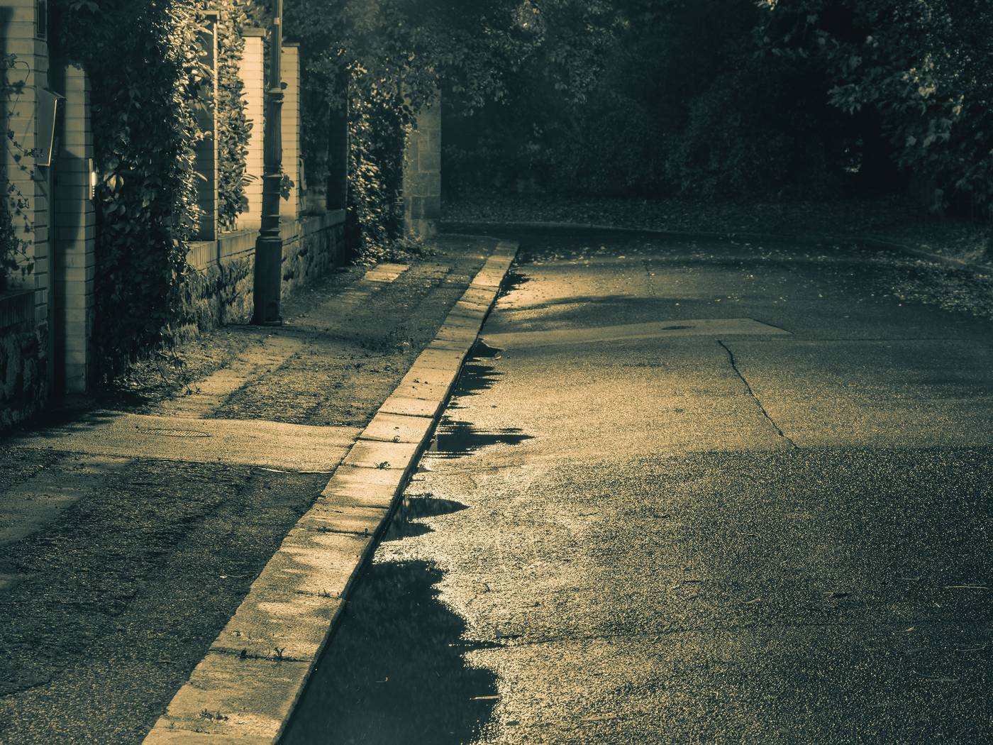 Lamplit pavement and kerb on an empty street after rain