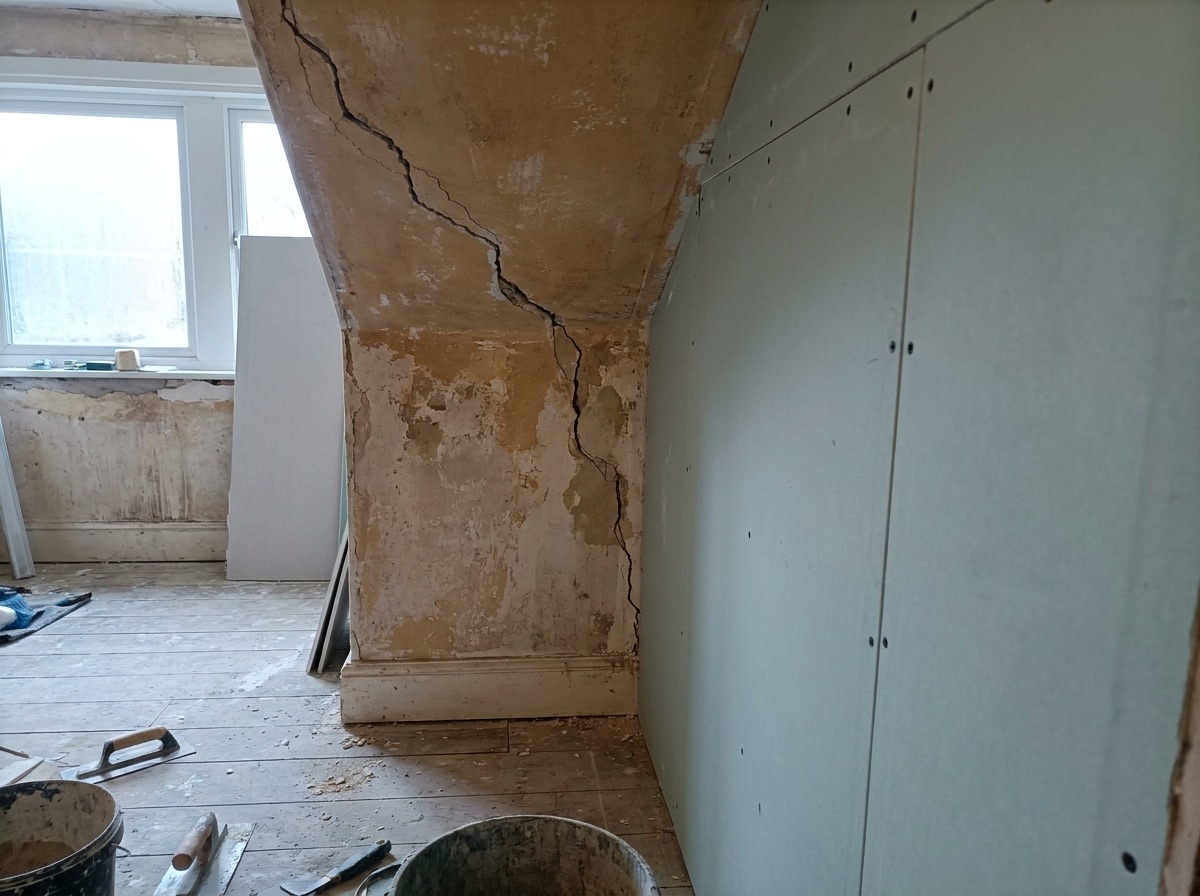 Crack running through original plaster beside a section of new plasterboard