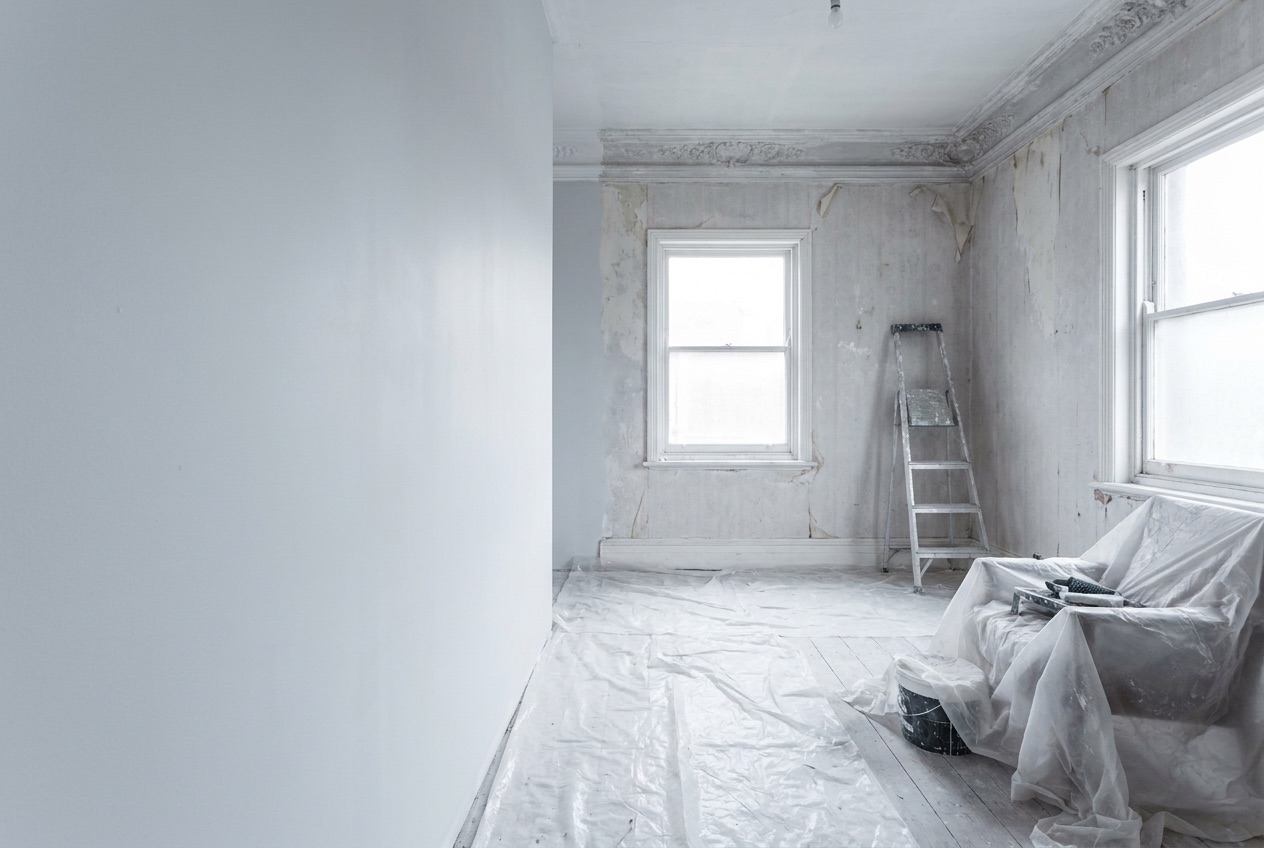 Residential room part way through renovation with dust sheets and a folded step ladder