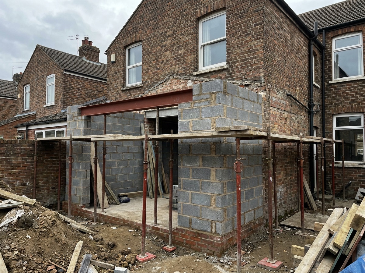 Rear extension under construction where new blockwork meets the existing brick wall
