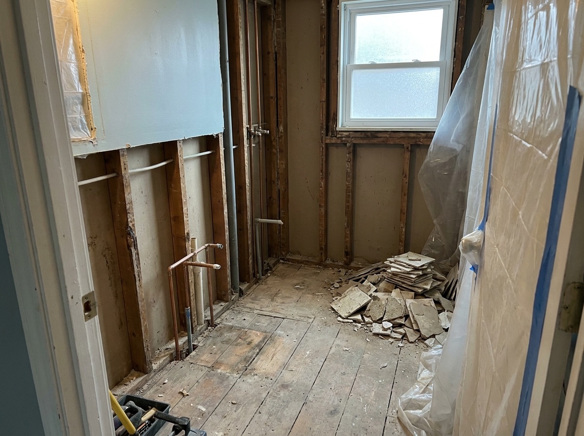 Bathroom stripped back to studs and subfloor mid-renovation