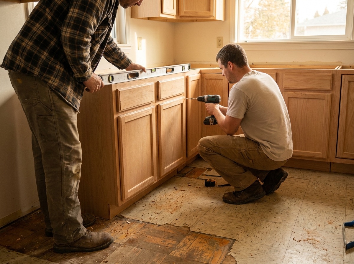 Two remodelers fitting kitchen base cabinets against a wall