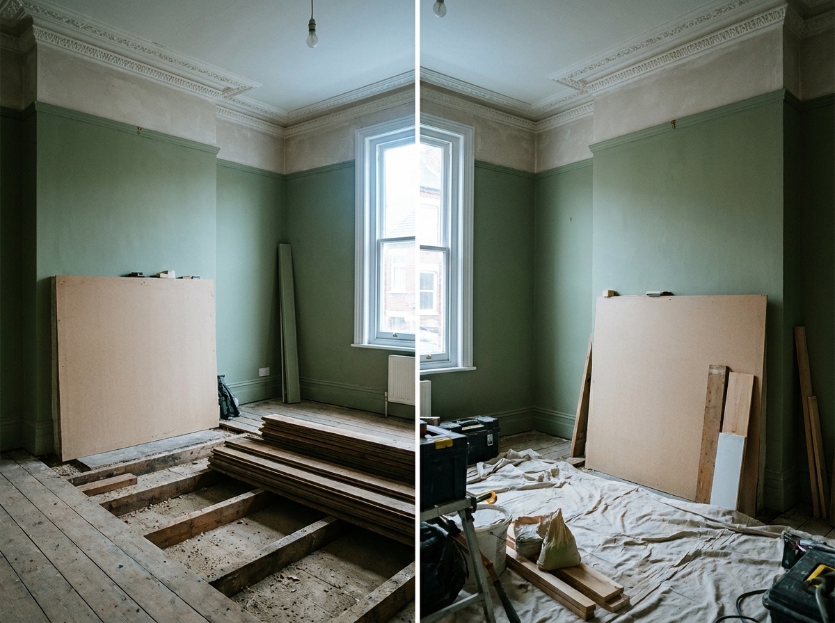 Period home interior with floorboards lifted and original cornice preserved