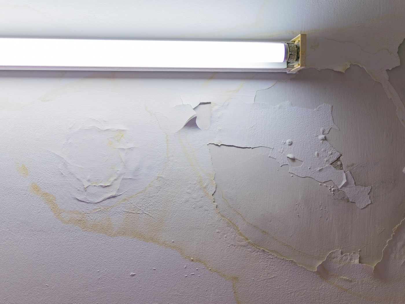 Water staining spreading across a ceiling below a failed roof