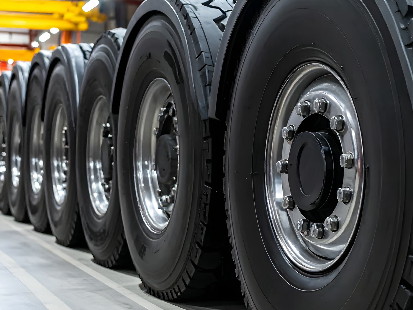 Row of heavy truck wheels and tyres lined up on a workshop floor