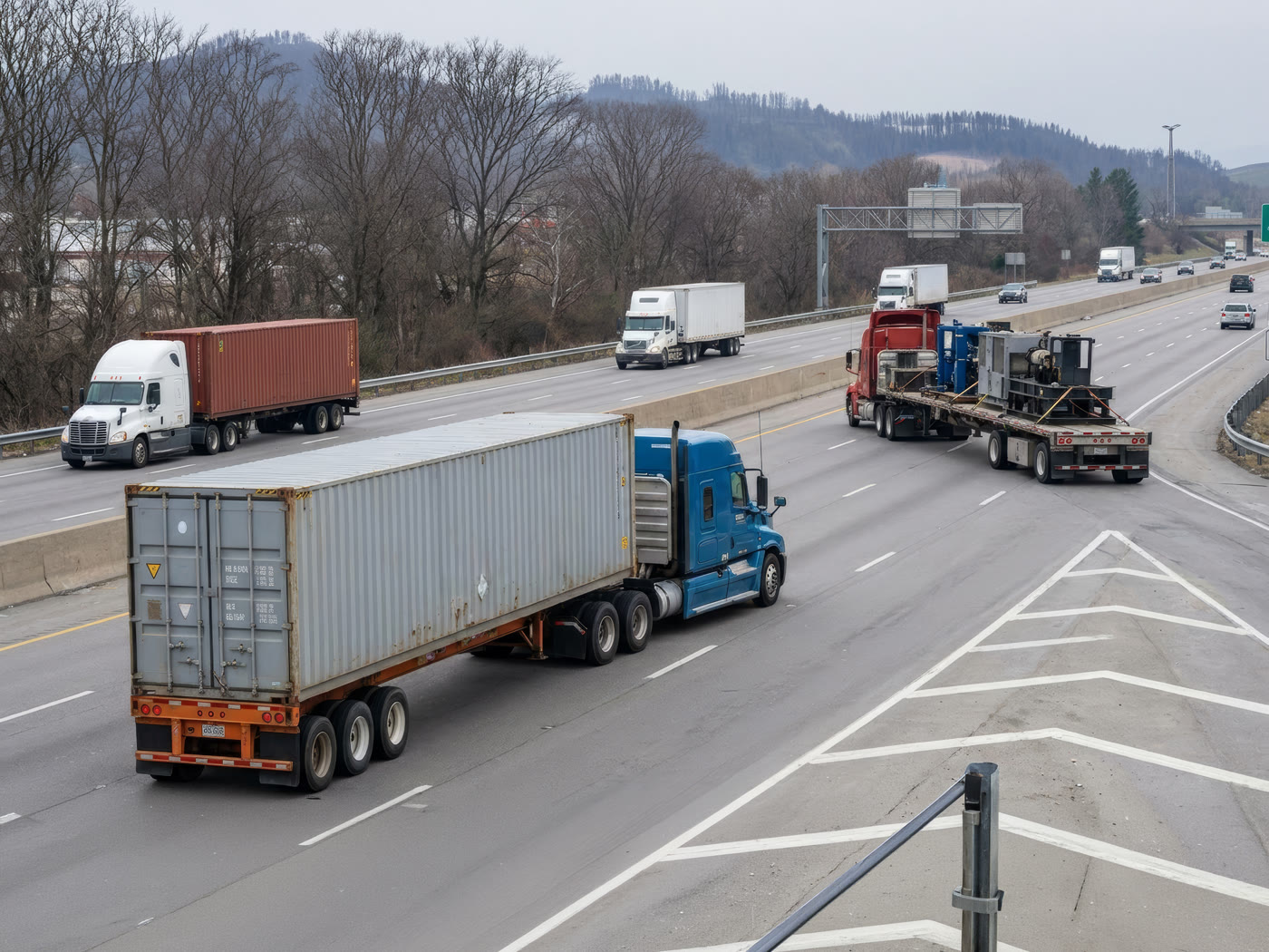 Container truck on an interstate highway interchange in flat winter light