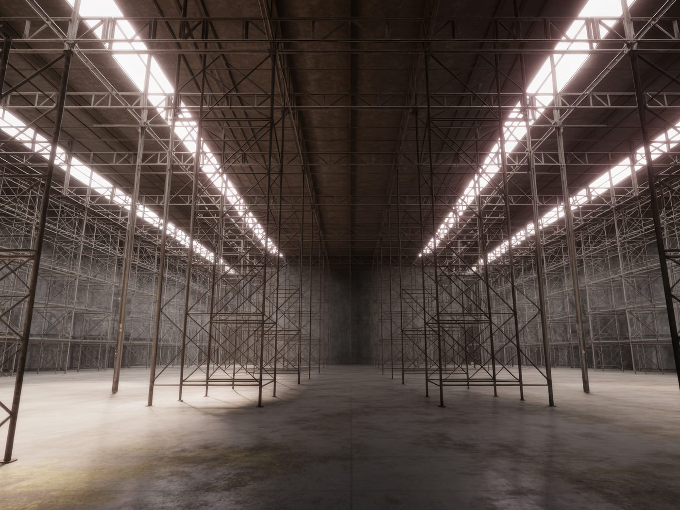 Empty industrial hall with steel racking and daylight coming through the roof