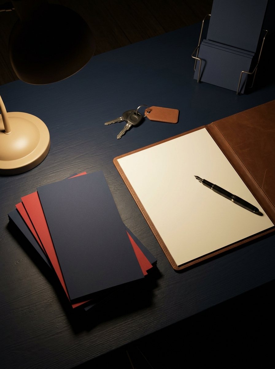 A dealership finance desk after hours: a stack of blank navy and red brochures, an open leather folder with a pen resting on its blank last page, a set of car keys and a brochure rack under a single lamp