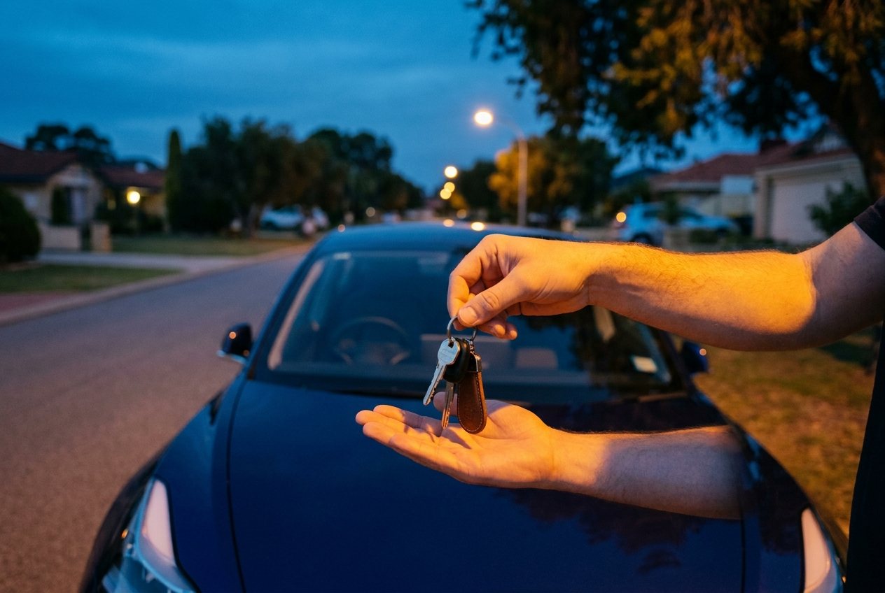 A set of car keys being placed into an open palm over the bonnet of a new dark blue car at dusk