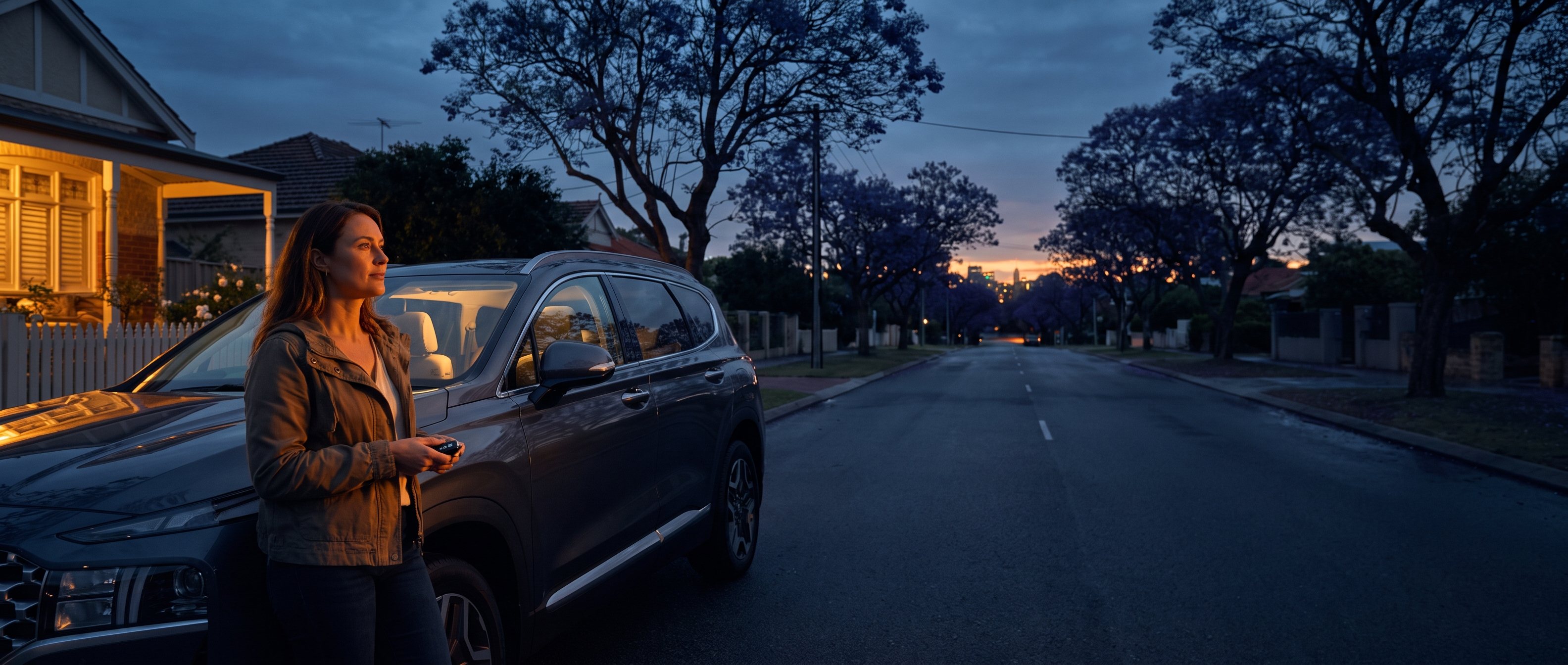 A woman holding a car key beside her new SUV on a quiet Perth street at dusk, the road running empty towards a faint city glow