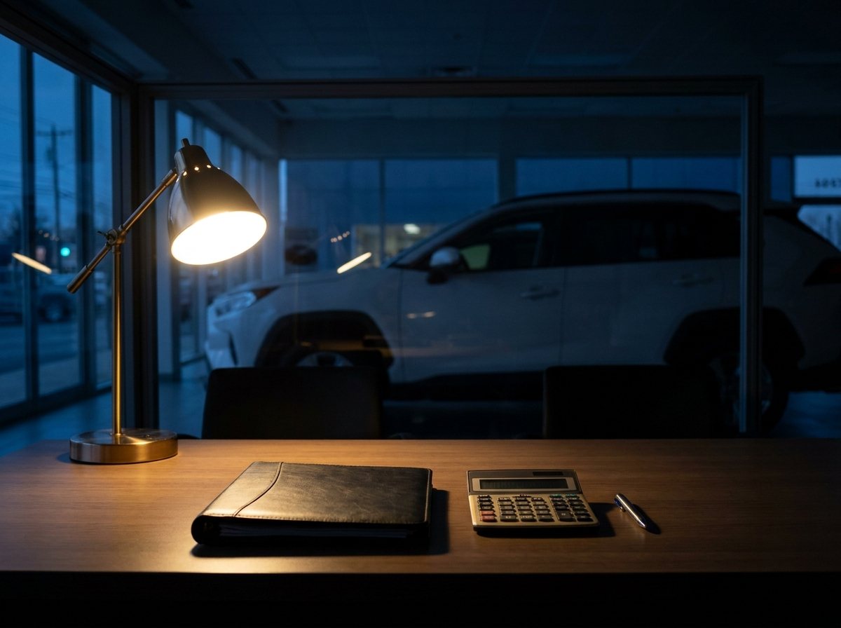 A dealership business office at night, a closed leather folder, a calculator and a pen under a desk lamp, a white SUV in the dim showroom beyond the glass